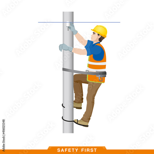 Safety first. Rules for working at height. Safety engineering for high-voltage work. Builder, worker, electrician, high-rise work. Vector illustration of a man in construction clothes