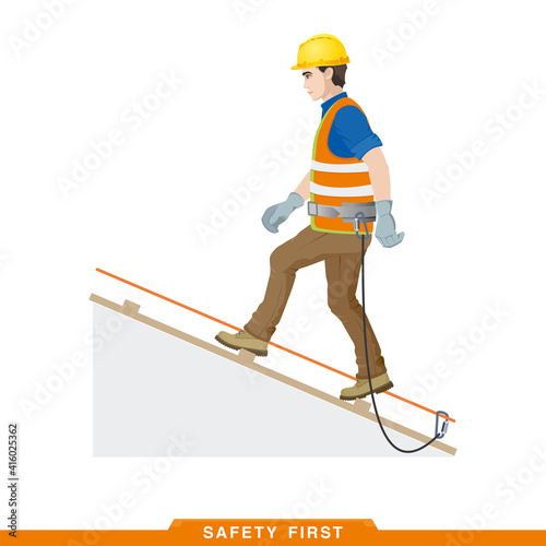 Safety first. Rules for working at height. Safety engineering for work at height. Builder, worker, assembler, high-rise work. Vector illustration of a man in construction clothes