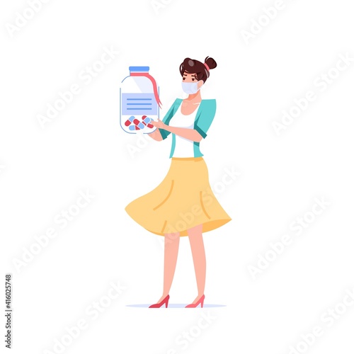 Vector cartoon flat patient character carry medications drugs.Woman in face mask holds prescribed medicine-coronavirus medical treatment therapy,online telemedicine pharmacy,web banner ad concept