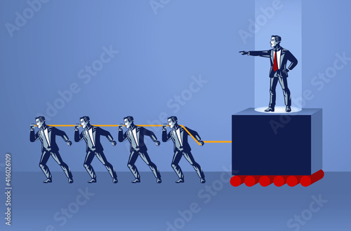 Group of People Pulls Rope to Move Cruel Boss Blue Collar Illustration Concept