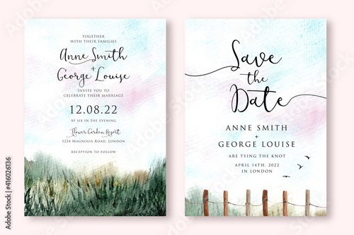 wedding invitation with green grass field landscape watercolor