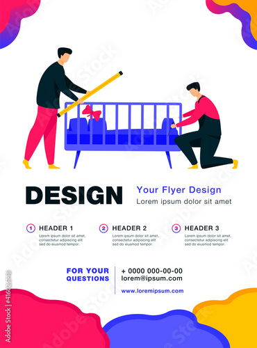 Handymen installing child cot in room. Assembly, tool, worker flat vector illustration. Furniture and childbirth concept for banner, website design or landing web page