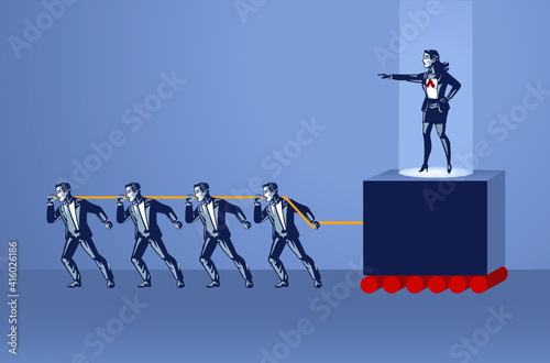 Group of People Pulls Rope to Move Cruel Female Boss Blue Collar Illustration Concept
