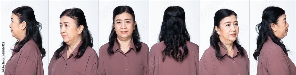 Senior Asian Woman half body portrait turn rear side back view turn 360