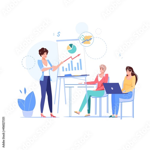 Vector cartoon flat students teacher characters in education class business course.Coach teaching finance,investments,budget money management-financial literacy,web site banner ad concept
