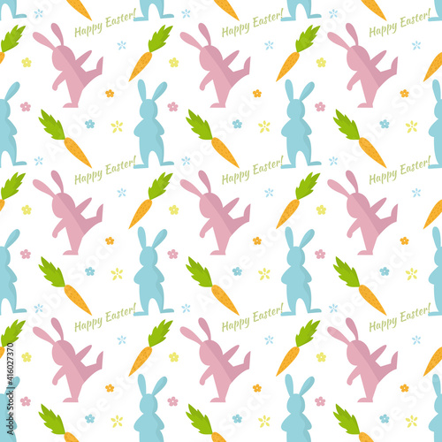 Cute happy easter vector pattern with rabbits, eggs and carrot © arfa27