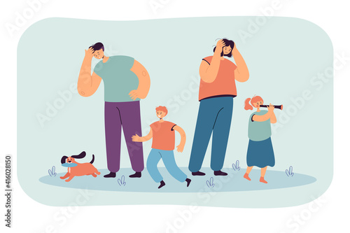 Tired parents looking at happy children isolated flat vector illustration. Cartoon mother and father standing with exited kids. Big family and parenthood concept