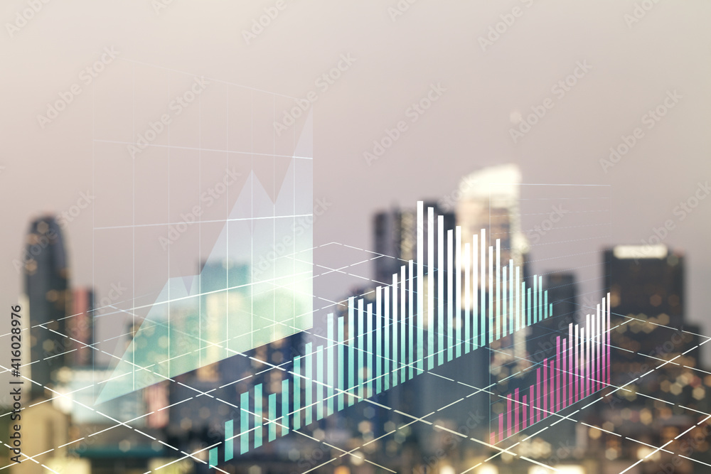 Abstract virtual financial graph hologram on blurry skyline background, forex and investment concept. Multiexposure Abstract virtual financial graph hologram on blurry skyline background, forex and investment concept. Multiexposure