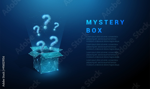 Abstract blue question mark flying from the open box.