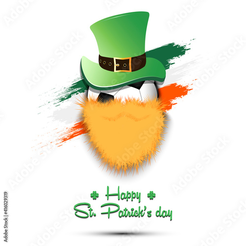 Happy St. Patricks day. Leprechaun in the form of a soccer ball. Soccer ball with beard and leprechaun hat. Greeting card design template. Vector illustrationl photo