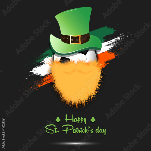 Happy St. Patricks day. Leprechaun in the form of a soccer ball. Soccer ball with beard and leprechaun hat. Greeting card design template. Vector illustrationl photo