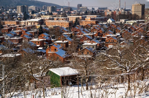 Residential area of typical standardized red brick houses in city Zlin in winter.