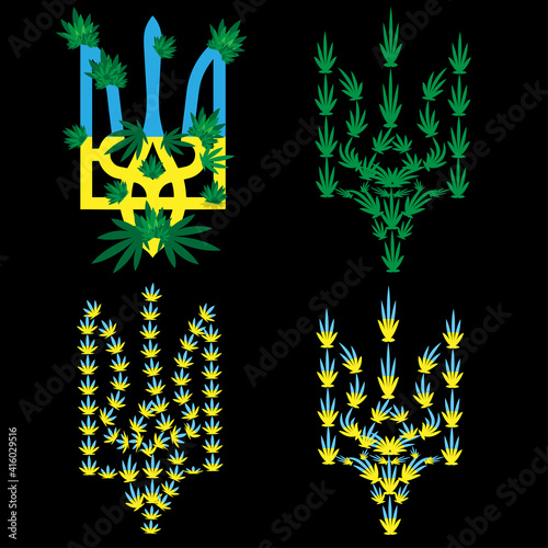 emblem of Ukraine on which cannabis leaves and inflorescences are pasted.
