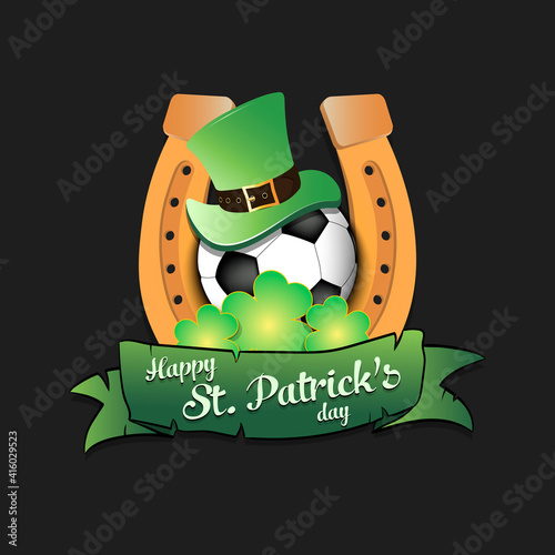 Happy St. Patricks day. Horseshoe, clovers and soccer ball in leprechaun hat on an isolated background. Pattern for greeting card, logo, banner, poster, party invitation. Vector illustration