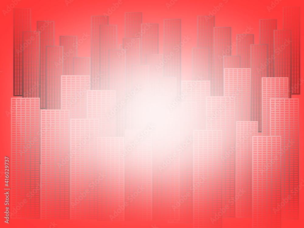 red background with urban high-rise buildings.