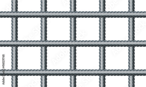 Vector illustration seamless grid from reinforced rebars on white background. Realistic seamless pattern construction reinforcement rebars. Endless stainless armature background. Building material.
