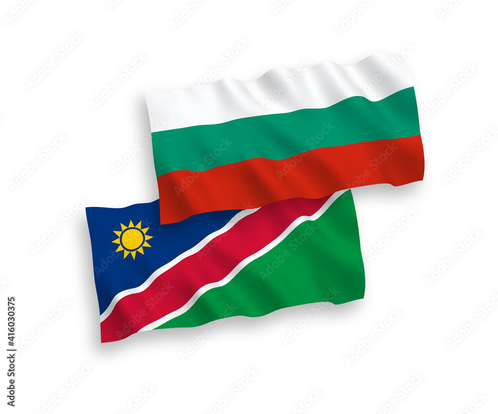 National vector fabric wave flags of Bulgaria and Republic of Namibia isolated on white background. 1 to 2 proportion. National vector fabric wave flags of Bulgaria and Republic of Namibia isolated on white background. 1 to 2 proportion.