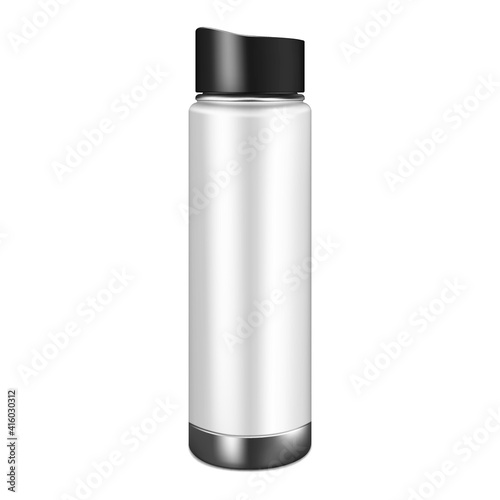 Vacuum insulated thermal water bottle isolated on white background, vector mockup. Thermos flask, mock-up. Travel thermo mug, template