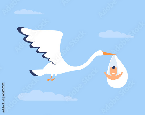 Happy cute baby brought by stork. Bird, flight, napkin flat vector illustration. Childbirth and infancy concept for banner, website design or landing web page