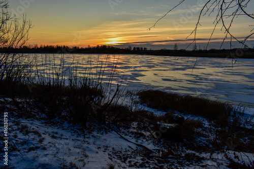 the first ice on the sun at sunset