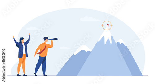 Happy people watching goal in telescope. Mountain, flag, peak flat vector illustration. Business success and achievement concept for banner, website design or landing web page