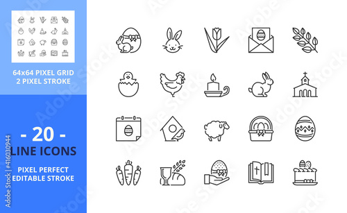 Line icons about Easter holidays. Pixel perfect 64x64 and editable stroke