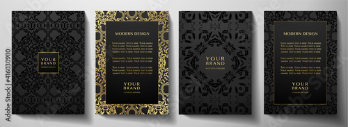 Floral gold curve pattern cover design set. Luxury abstract golden ornament on black background. Premium vector collection for brochure, invite, notebook, menu template