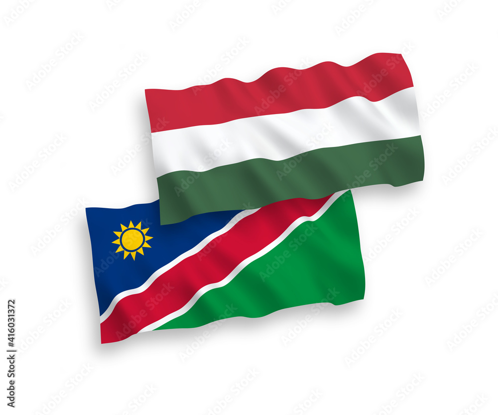 National vector fabric wave flags of Republic of Namibia and Hungary isolated on white background. 1 to 2 proportion.