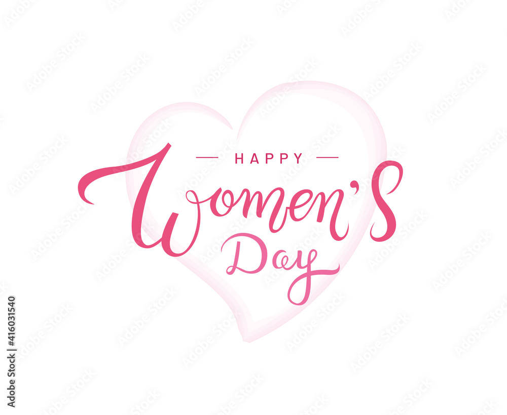 Happy Women's Day handwriting on white background with heart symbol. Beautiful pink calligraphic quotation for 8 march holiday greeting card or poster. - Vector