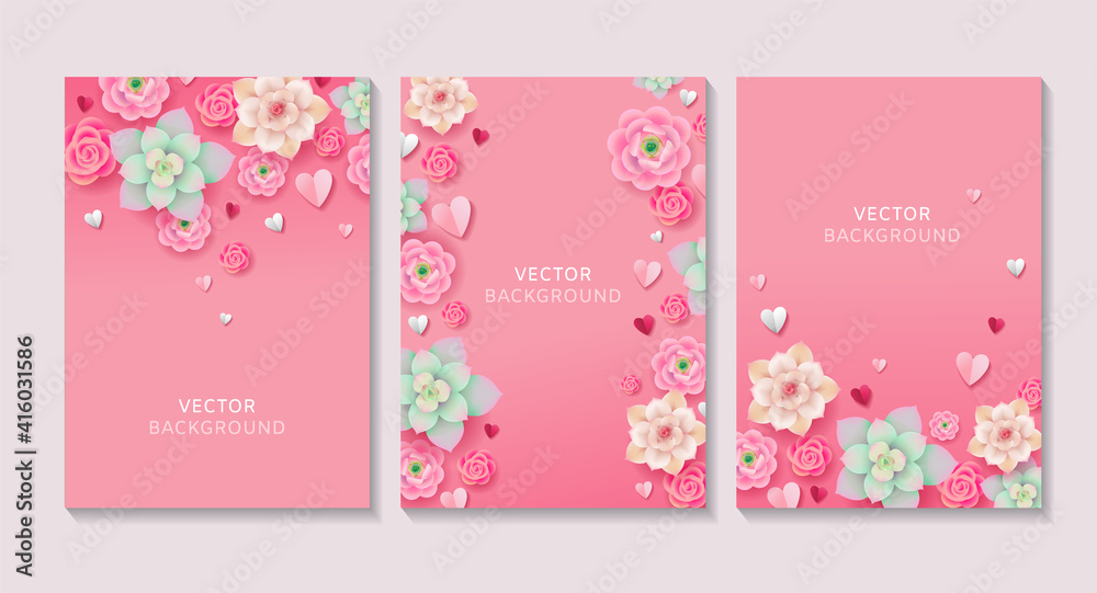 Set of vertical floral vector backgrounds. Blooming flowers with paper hearts on pink background. Concept for Women's Day or Valentine's Day with place for text
