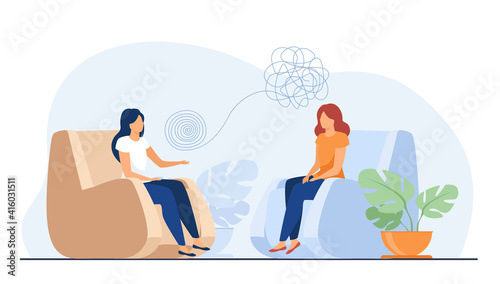 Woman sitting in armchair and talking with psychologist. Thought, therapy, mind flat vector illustration. Mental health and psychology concept for banner, website design or landing web page
