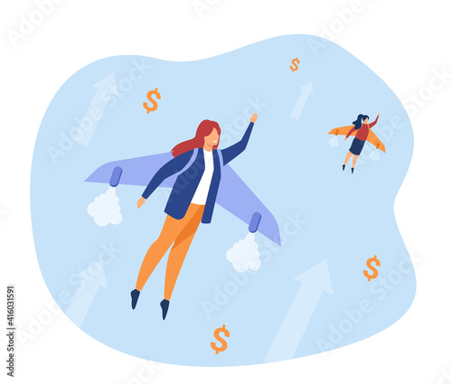 Happy businesswomen flying on jet backpack. Money, growth, increase flat vector illustration. Business success and achievement concept for banner, website design or landing web page