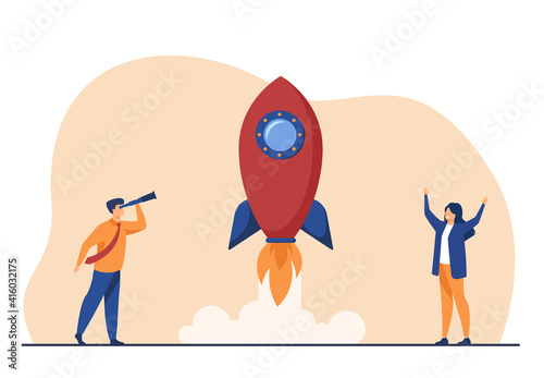 Happy people watching rocket launch. Project, flying, up flat illustration. Business startup and entrepreneurship concept for banner, website design or landing web page