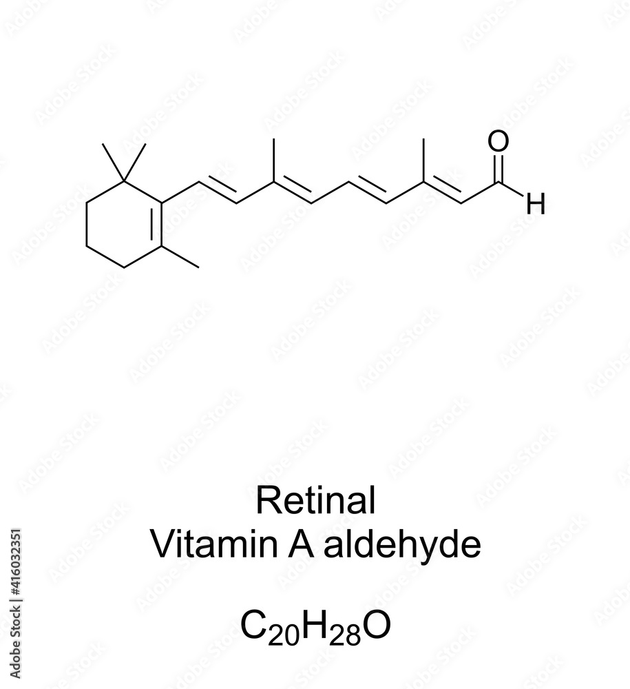 Retinal, Vitamin A aldehyde, chemical formula and skeletal structure. Also known as retinaldehyde, a form of vitamin A, and chemical basis of vision. Isolated illustration on white background. Vector.