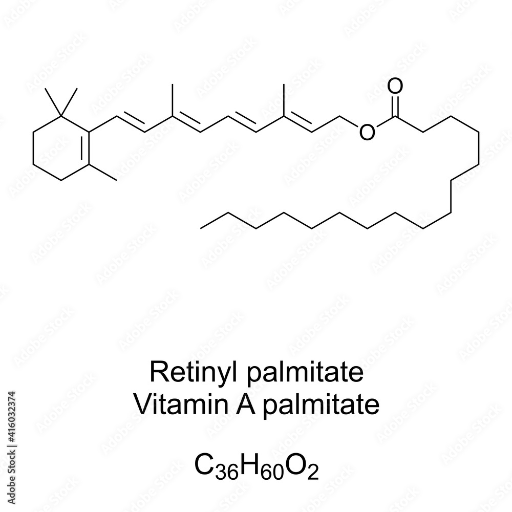 Retinyl palmitate, or vitamin A palmitate, chemical formula and skeletal structure. Most abundant form of vitamin A storage and common vitamin supplement. Also retinol palmitate. Illustration. Vector.