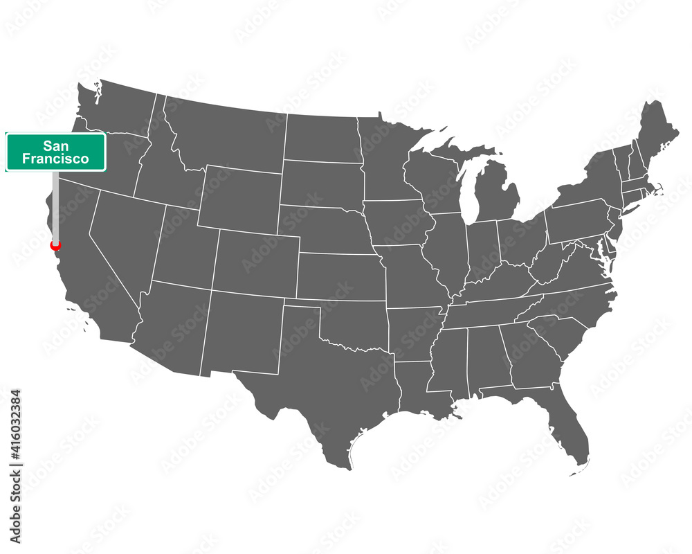 Landkarte der USA mit Orstsschild San Francisco