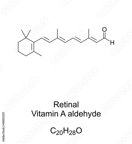 Retinal, Vitamin A aldehyde, chemical formula and skeletal structure. Also known as retinaldehyde, a form of vitamin A, and chemical basis of vision. Isolated illustration on white background. Vector. photo