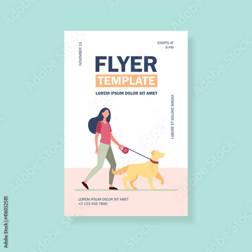 Young woman walking dog on leash. Girl leading pet in park flat vector illustration. Animal care, adoption, lifestyle concept for banner, website design or landing web page