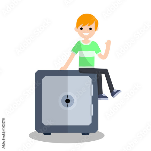 Young guy sitting on Bank safe with money. Place to store cash, business Deposit. Smiling man client. Cartoon flat illustration. Reliability and security of economy