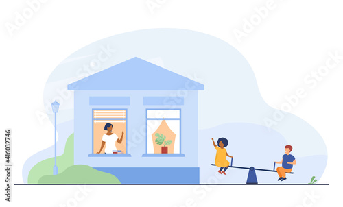 Happy mother watching kids on backyard. Window, home, seesaw flat vector illustration. Childhood and entertainment concept for banner, website design or landing web page