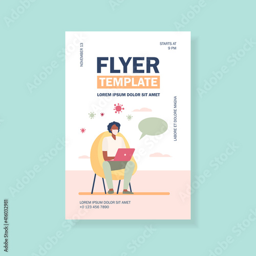 Man in mask using laptop for online chat with doctor. Video call, medical consultation flat vector illustration. Covid, epidemic, help concept for banner, website design or landing web page