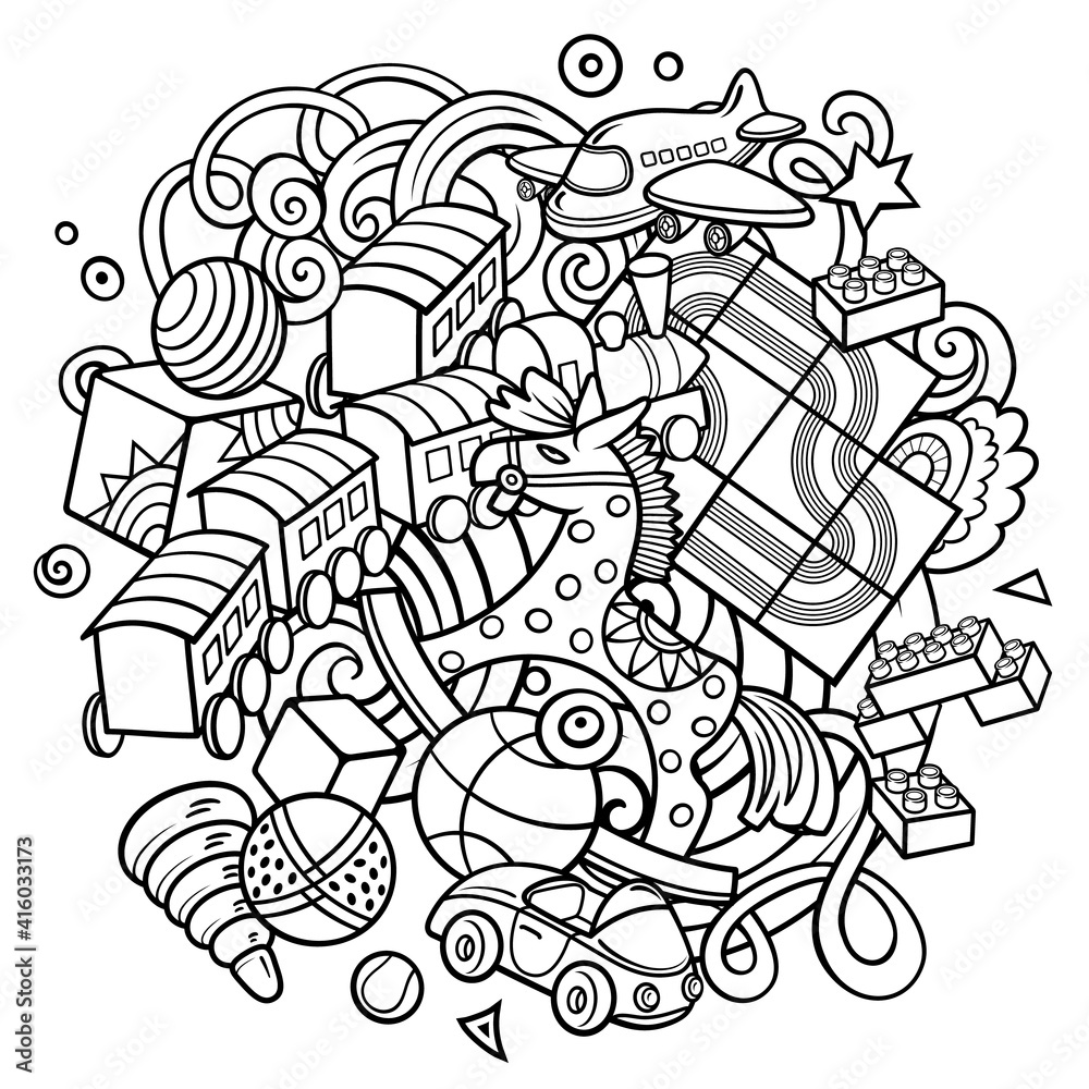 Cartoon doodles hand drawn kids toys illustration. Cartoon doodles hand drawn kids toys illustration.