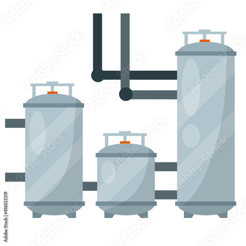 Boiler for heating water. Grey tank with pipes and dial. Sanitary engineering. Cartoon flat illustration. Element of house, bath and toilet system. Heat and gas supply