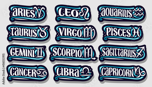 Vector set of Zodiac Signs, collection of 12 cut out Astrology Symbols with illustrations of zodiac signs and handwritten brush words, twelve decorative astrology symbols for horoscope prediction.