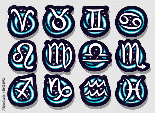 Vector set of Zodiac Signs, collection of 12 cut out Astrology Symbols with hand written brush zodiac signs and cartoon stars, twelve handwriting astrology symbols for horoscope prediction on grey.