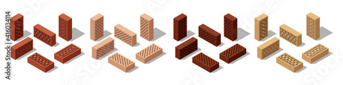 3d Isometric bricks, isolated bricks for wall masonry construction. Colorful solid blocks, set of icons. Vector illustration