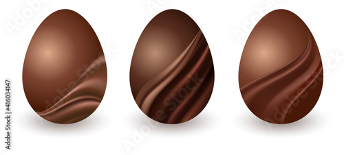 Chocolate Easter eggs isolated. Set of  dark and milk chocolate eggs  with decorative brown silk swirl waves. Elements on white background. Vector illustration