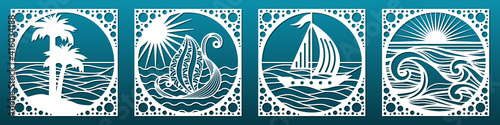 Set of laser cut emplates.Decorative panels or tiles for CNC cutting. Summer sea landscapes with waves, palms and sail boats for home interior, wall art, paper art, travel cards. Vector illustration
