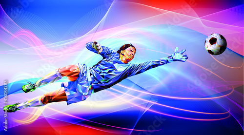 Olympic Soccer player against the background of the stadium  Football player in full color vector illustration in triangular style isolated on white background.