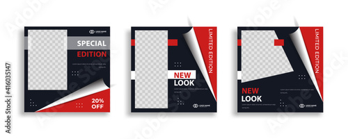 Set of Editable minimal square banner template. Red blue background color with geometric shapes for social media post and web internet ads. Vector illustration